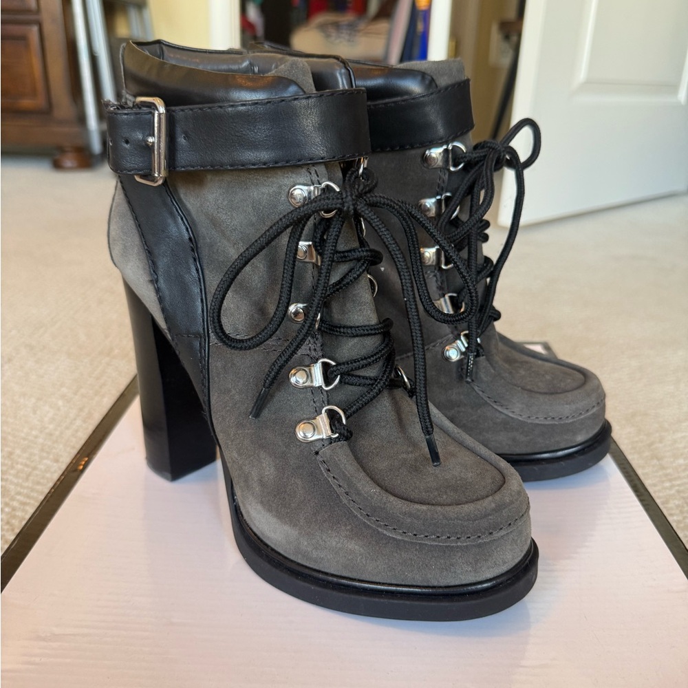 Nine West Gray Suede Lace-Up Ankle Boots with Black Trim